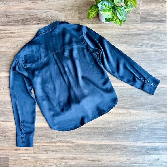 Abercrombie & Fitch Navy Blue Long Sleeves Tie-Front Silk Collar Blouse – Size S - Picture 11 of 12